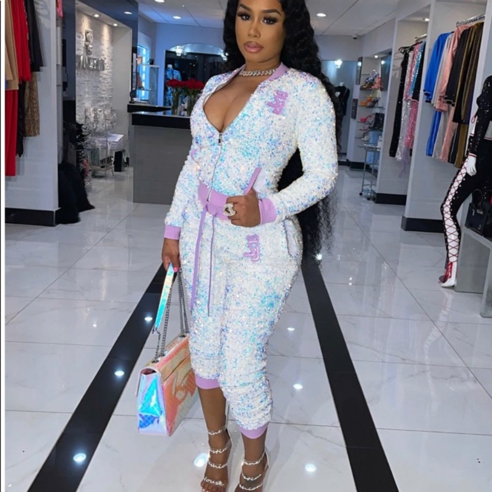 Shane Justin sequins suit lavender